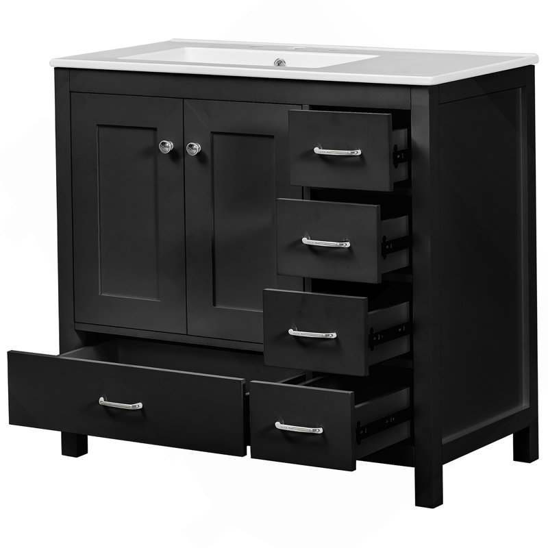 Ensemble de meuble-lavabo noir 36 po avec lavabo en céramique 36 po - 2 portes à fermeture douce et 5 tiroirs