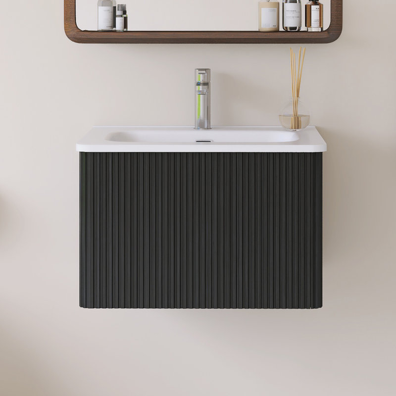 Meuble-lavabo simple mural 24 po avec comptoir intégré en céramique blanche, Noir, 24"