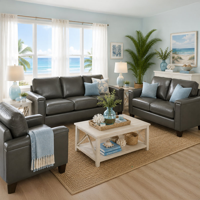  Ensemble de salon en cuir véritable 3 pièces Deboer, Cuir assorti gris anthracite