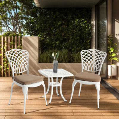 Rustproof Cast Aluminum Patio Bistro 3 Piece - 2 Chairs & 1 Table With White Cushion For Garden, Patio, Porch Elegant And Easy Assembly Round Outdoor Enjoyment Build, Process
