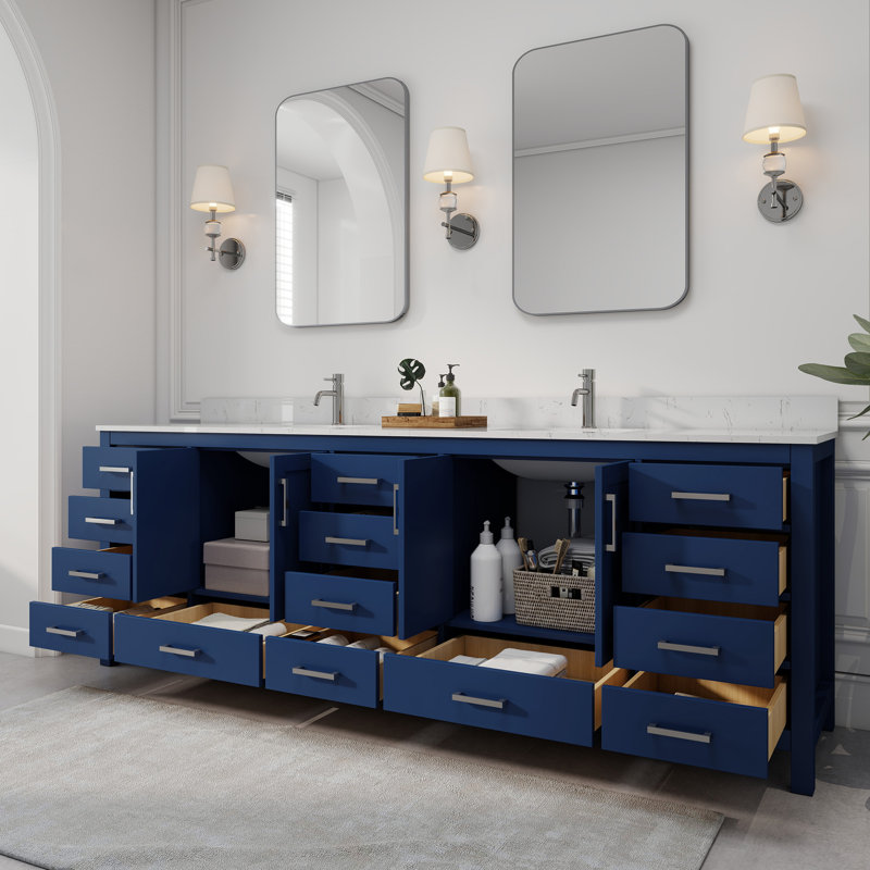 Meuble-lavabo double 96 po avec comptoir de 96 po entièrement assemblé avec comptoir en granite blanc et dosseret