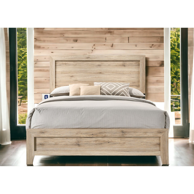 Grand lit naturel pour une ambiance de chambre à coucher tranquille avec tête de lit à panneau et mécanisme de glissière en métal