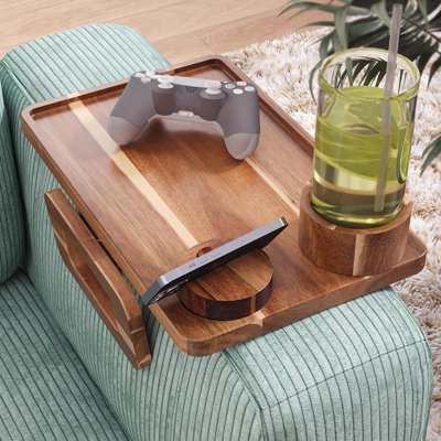 Plateau d'accoudoir de canapé 3 en 1 en bois avec porte-gobelet et porte-téléphone