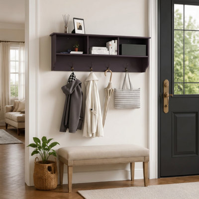 Elegant Brown Wall-Mounted Coat Rack With Storage And 4 Hanging Hooks