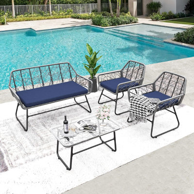 Table et chaise d'extérieur moderne avec 4 pièces - coussins d'eau, structure en acier pour diverses occasions assise en tissu résistant aux éclaboussures, utilisation de jardin thermolaquée amovible
