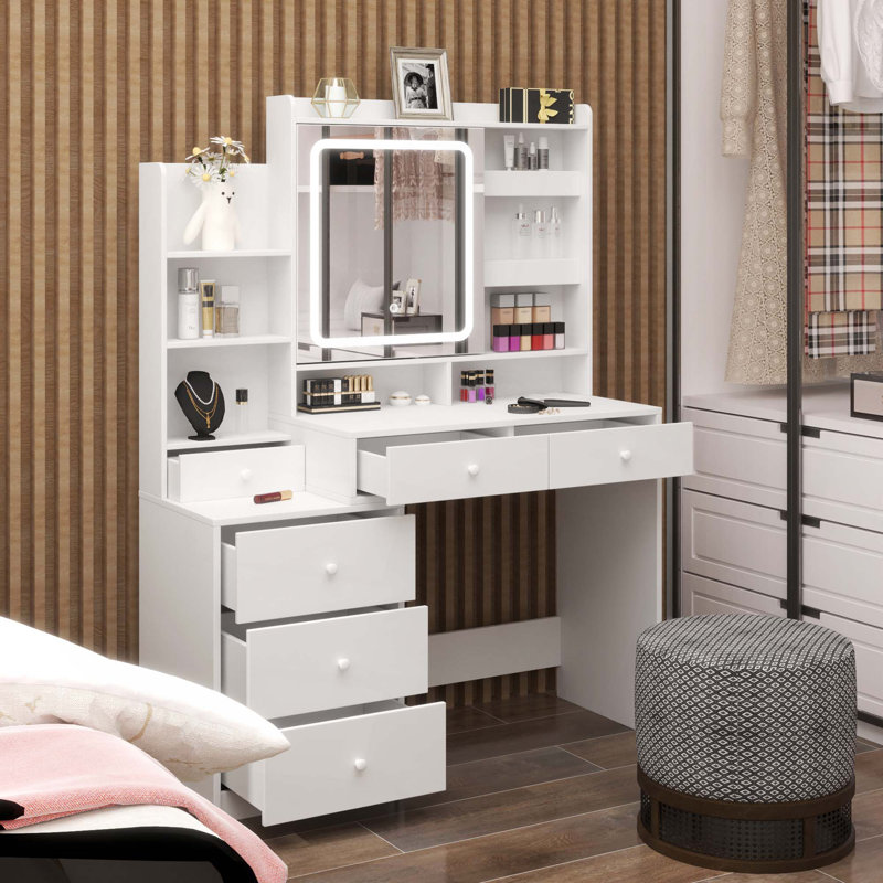 Makeup Vanity Desk With Mirror And Lights,Vanity Table Set With 6 Drawers & Sliding Mirror & Storage Shelves,3 Lighting Modes Brightness Adjustable,Vanity Dressing Table