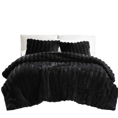 King, 3 Pcs, Faux Fur, Comforter , Black, Fluffy Cord-Textured, Hand Feel, Smooth Backing, Overlapping Sham Enclosure Pcs Black King Ultrasoft Fur Ribbed With Front, Fill And For Pillow Protection