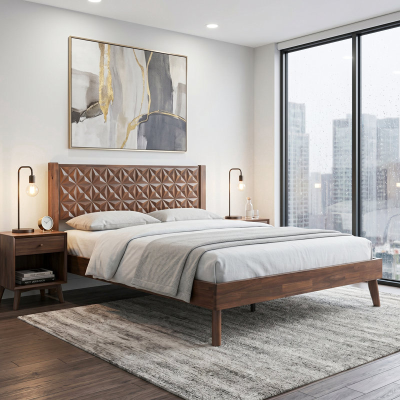 Queen Size Bed Frame with Headboard & Footboard, Solid Wood Platform Bed with Metal Legs, 12 Reinforced Slatted Base, Noise-Free & Anti-Slip, No Box Spring Needed, Walnut Finish