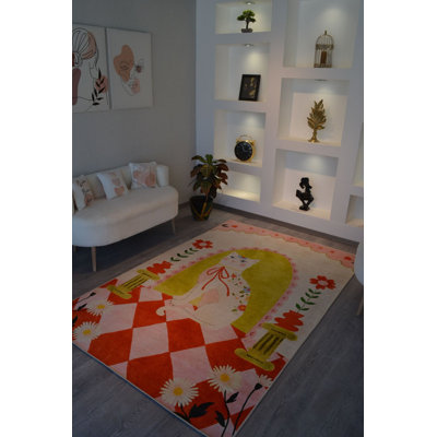 Tapis multicolore à motif floral rétro et motif de chat lavable à la machine