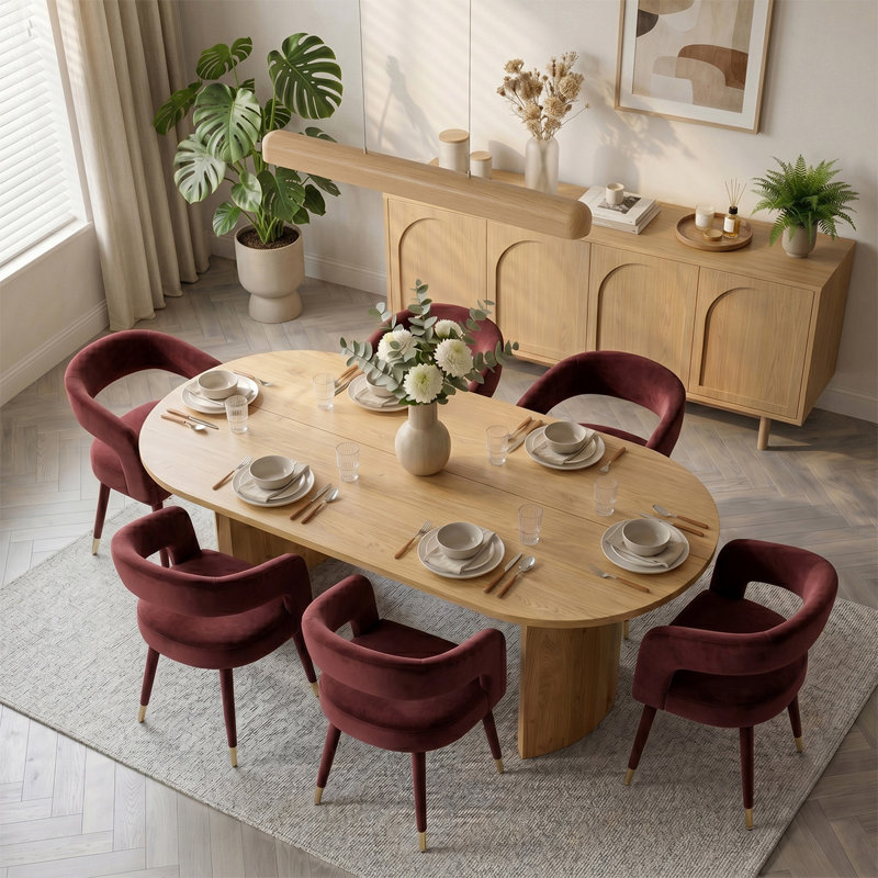 Ensemble de table de salle à manger ovale moderne 79 po avec 6 chaises de salle à manger rembourrées en velours, Bourgogne