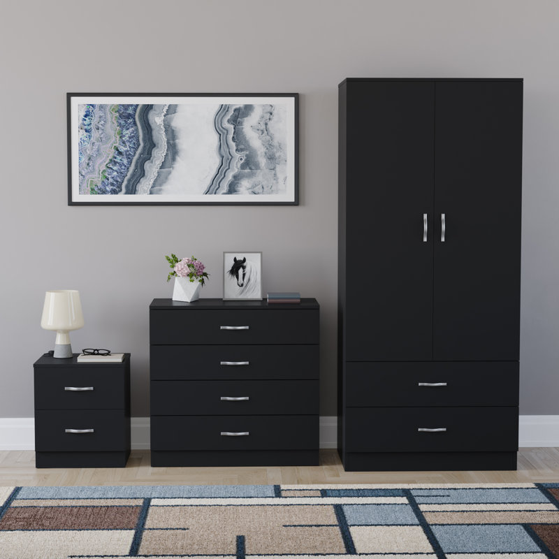 Maybery 3 Piece Bedroom Set (2 Drawer Bedside Chest, 4 Drawer Chest, 2 Door 2 Drawer Wardrobe), (4), Black