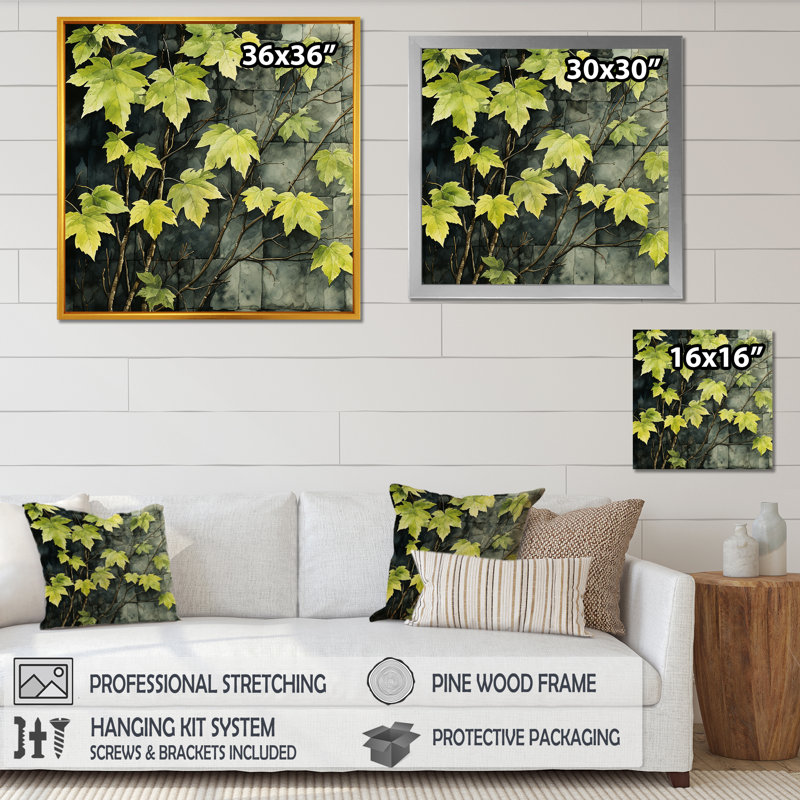 «Green Leaves Vine Minimalist Wall», art mural floral, Blanc, H 36 po x l 36 po