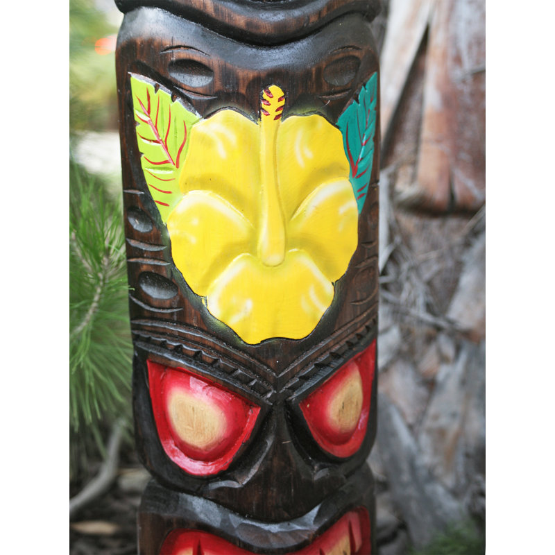 Hand-Carved Tropical Tiki Mask with Turtle and Hibiscus Flower