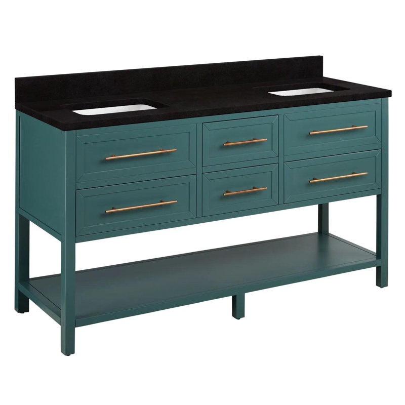 60" Robertson Double Bathroom Vanity Set with Rectangular Undermount Sinks, Black, No Drillings, Feathered White Quartz