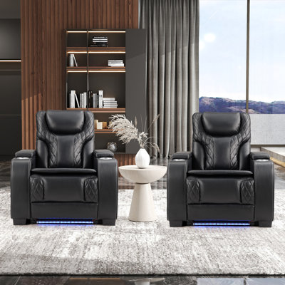 37" Modern Top Faux Leather Electric Power Home Theatre Reclining Chair With LED Lighting,Cup Holders & Adjustable Headrest(Set Of 2)