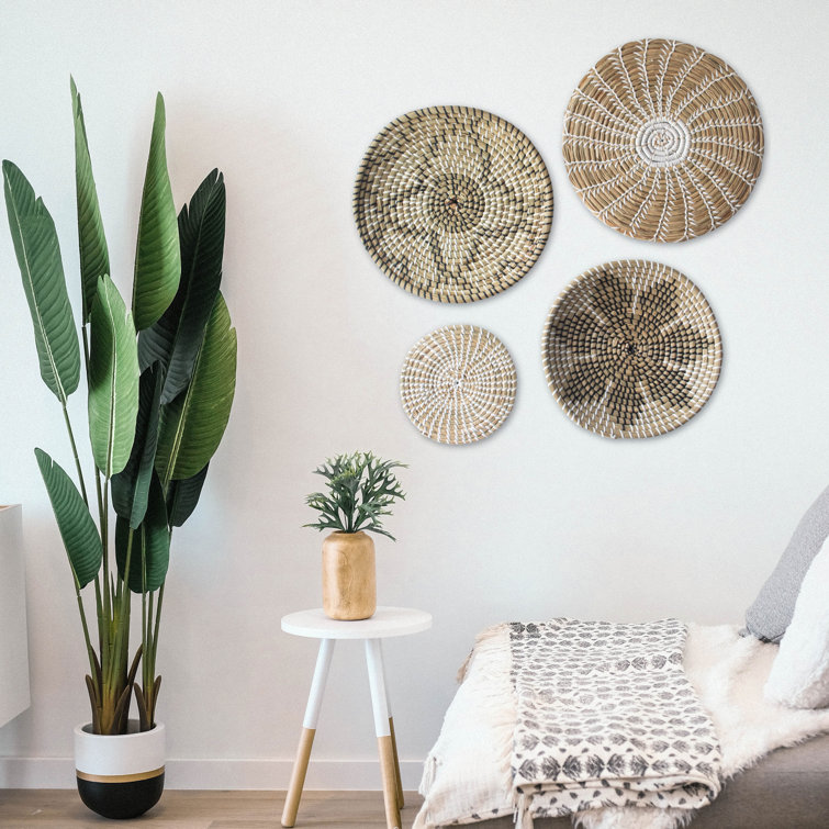 Wall Basket Decor Boho Flat, Set of 5 Hanging Woven Basket Wall Decor (11  - 13), Round Seagrass Rattan Wall Plates, Wicker Plates for Wall, Woven