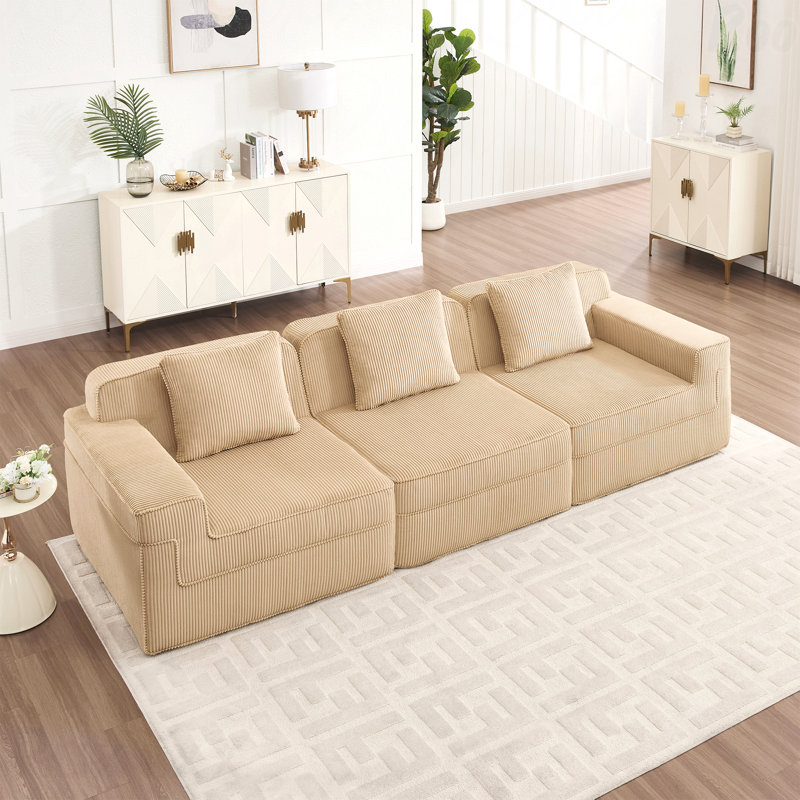 Canapé modulaire sans siège à 3 places - tissu velours côtelé, canapé Cloud, siège très profond, coussins décoratifs, Brun, 3