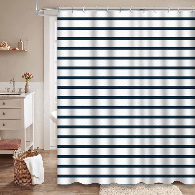 Rideau de douche à rayures horizontales bleu marine et blanc avec 12 crochets, L 72 po x l 78 po