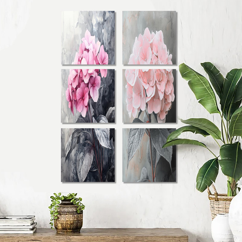 Doux hortensia rose en niveaux de gris - ensemble de 6 impressions murales florales, Toile tendue, Ne s’applique pas