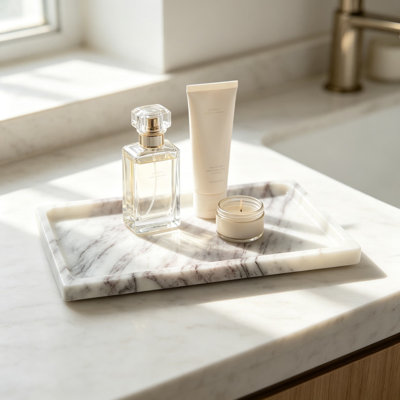 White Marble Vanity Tray 10.63x5.91 Inch Natural Stone Organizer for Bathroom Perfume, Makeup, Jewelry, Dresser, Entryway, Rectangular Catchall Tray with Plum Blossom White Finish