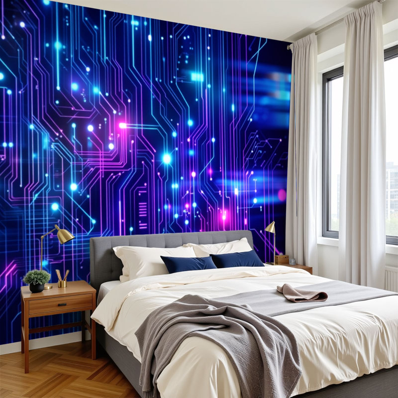 Papier peint adhésif futuriste néon brillant bleu mauve technologie L 69 po x l 96 po, papier peint amovible en PVC pour mur de salle de jeux pour garçons Bureau à domicile