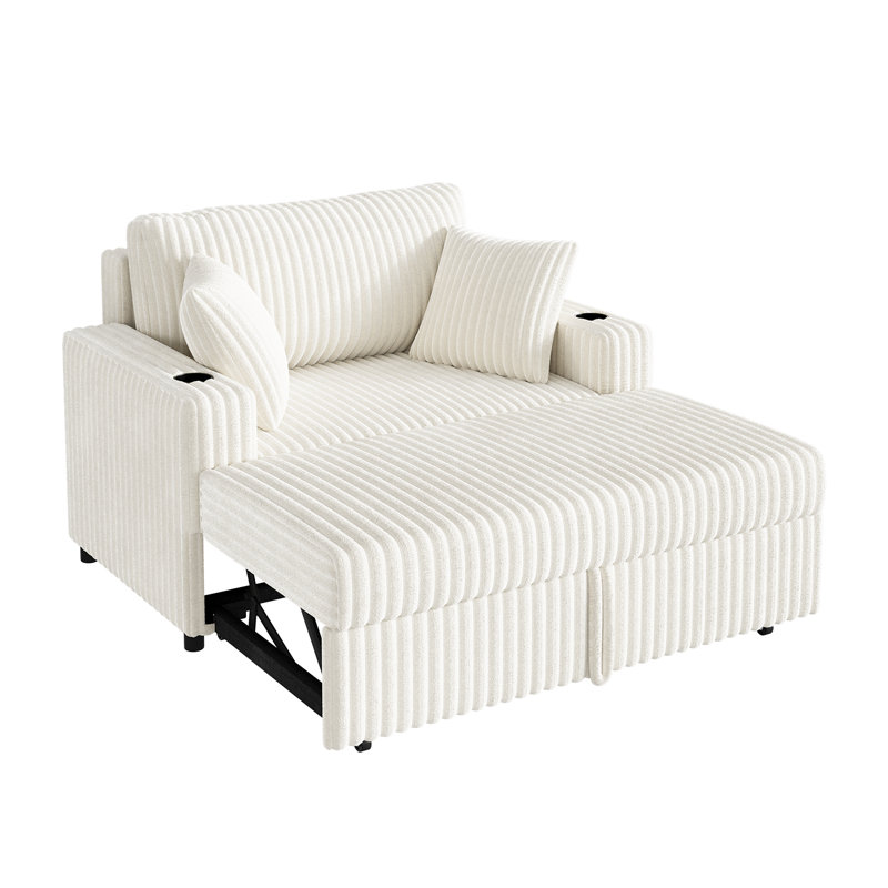 Canapé-lit escamotable avec méridienne, Tissu vertical en velours côtelé blanc