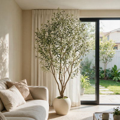 8ft Artificial Olive Tree in White Pot - Faux Tree for Living Room Entryway Decor