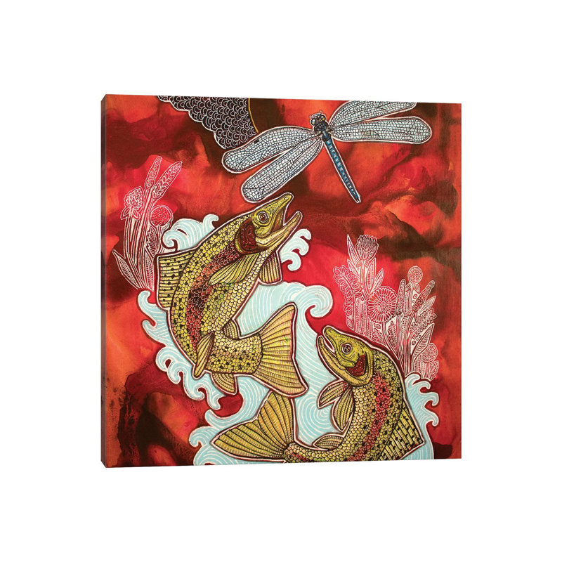 Red Sky, Leaping Trout 1 Piece Wrapped Canvas Painting, 30.48 cm H x 30.48 cm W