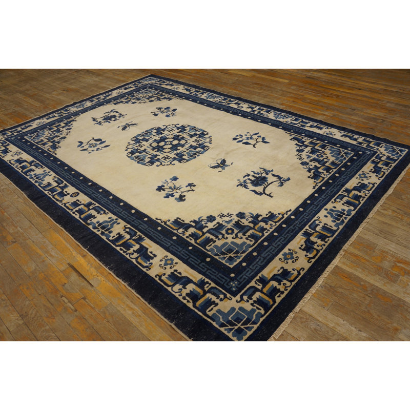 Wool 1920s Blue Ivory Beige Cream White Hand Knotted Pile Rectangle Antique Rug