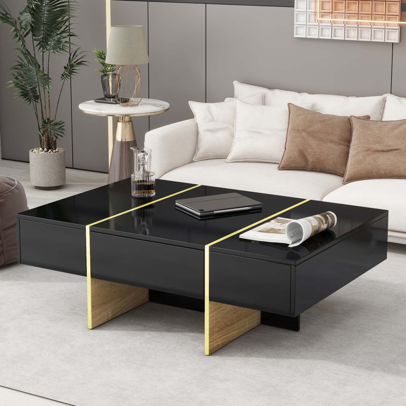 Table basse 47,2 po x 31,4 po minimaliste ultra brillante avec 2 tiroirs, Noir