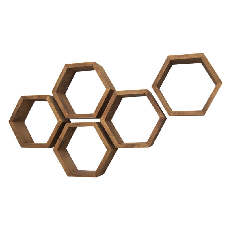 Brandace Solid Alder Wood Hexagon Wall Shelf (Set of 5), Walnut