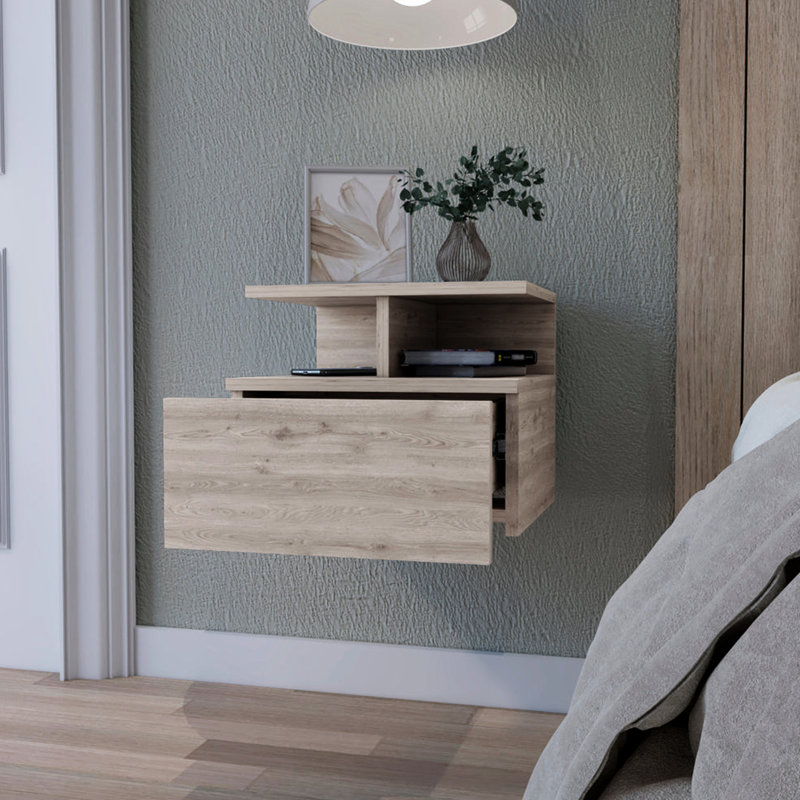 Table de chevet flottante moderne pour chambre à coucher grise avec tablette de rangement supplémentaire, Gris clair