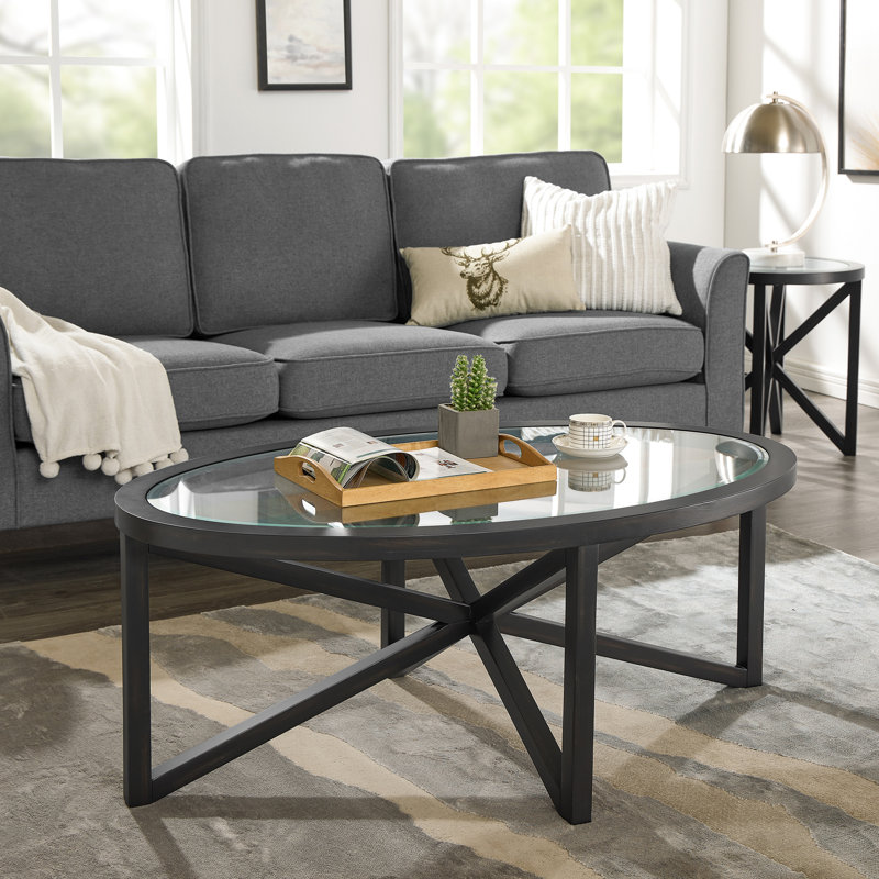 Table basse moderne en verre avec structure en bois massif de peuplier et plateau trempé pour espace d'attente - facile à entretenir, charge de trépied de loisirs simple et transparente de 250 lb, structure stable, structure stable