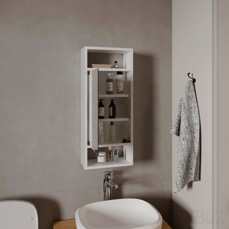Armoire à pharmacie murale à miroir avec une porte et des tablettes de rangement intérieures, blanc