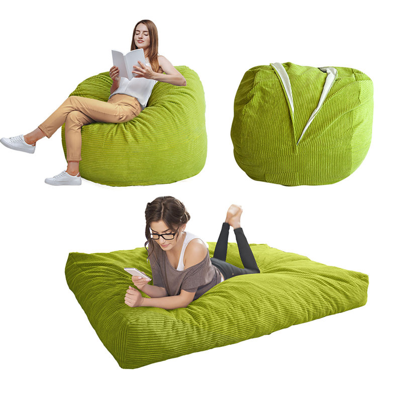 Corduroy Bean Bag Chair & Lounger, Green Corduroy, 27.6 H x 47.2 x 47.3