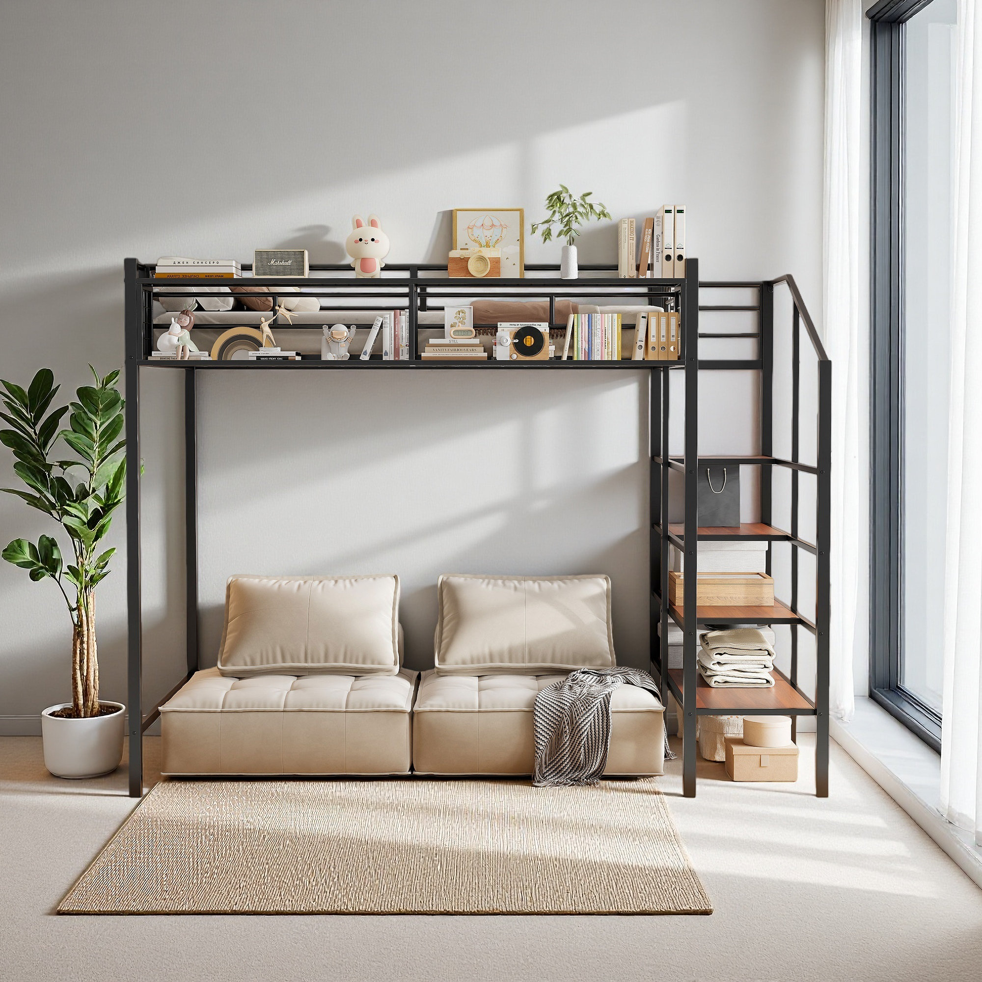 Harriet Bee Twin Size Metal Loft Bed With Upper Grid Storage Shelf And ...