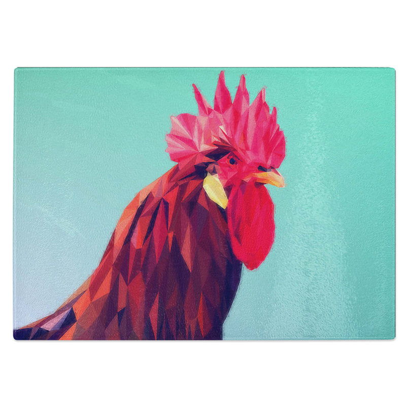 Glass Geometric Rooster in Abstract Chopping Board, 28.5 cm W x 20 cm L