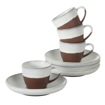 Gibson Elite William Crest 8 Piece Cup & Saucer Set, 4 Stoneware Cups & 4 Saucers, Reactive Glaze Finish, 3.5oz Espresso Cups, 5.5” Saucers, Round Coffee Set, Microwave & Dishwasher Safe - Ash White