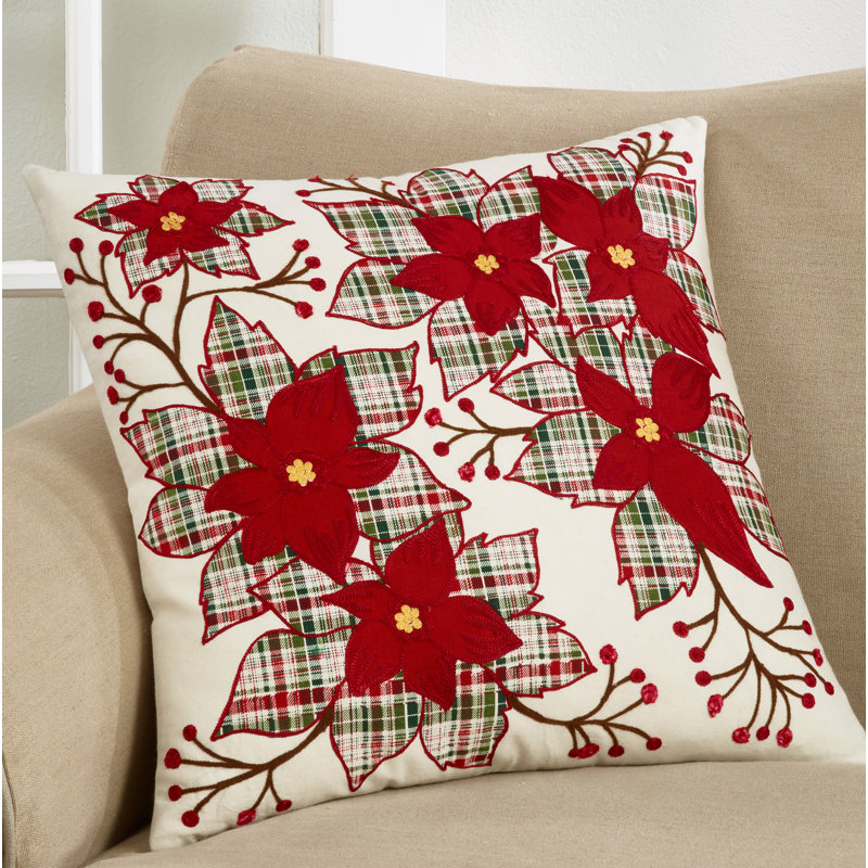 Red Plaid Poinsettia Down Filled Holiday Pillow, 20" Square