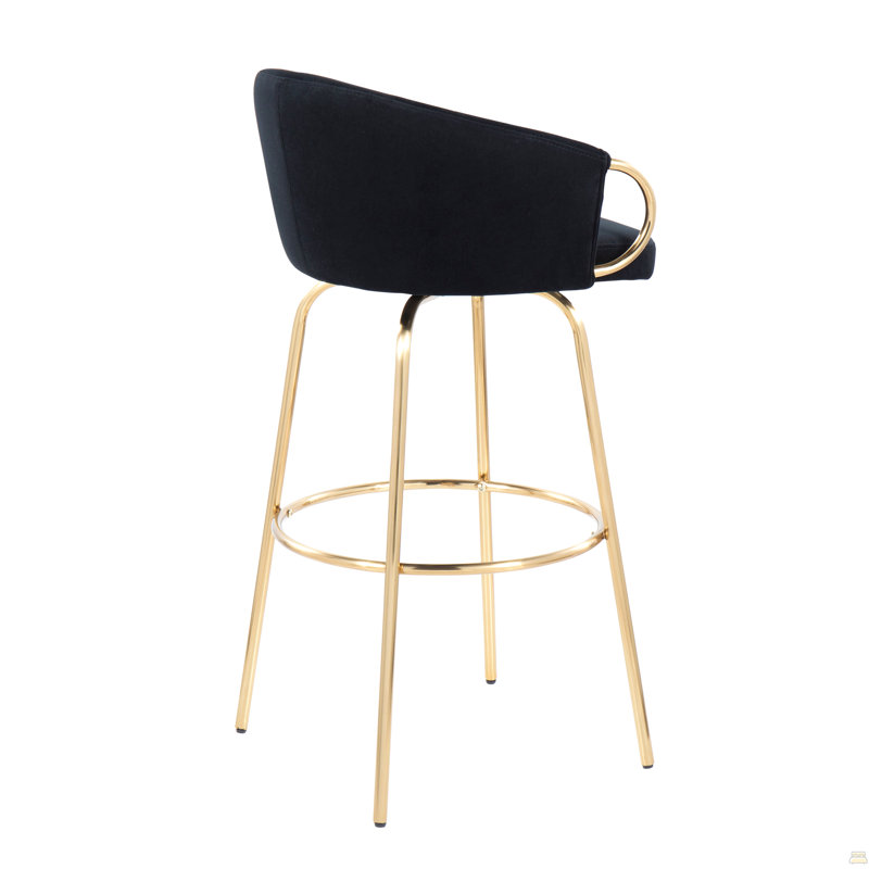 Tabouret de bar contemporain à hauteur fixe de 30 po avec pieds en métal doré et repose-pieds rond en métal doré avec siège en velours noir et accents dorés - ensemble de 2