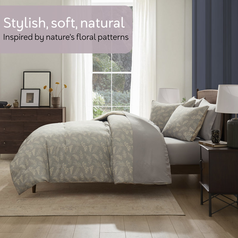 Nestl Botanical Bed in a Bag 7 piece Comforter Set with Sheets & Pillow Shams, Lunar Gray/Pale Champagne