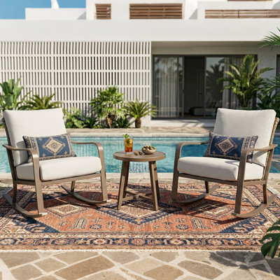 3-Piece Rocking Bistro Set – Oversize Rattan Wicker, 5.5" Olefin Cushions, Coffee Table, Beige