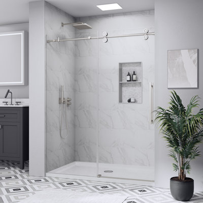 40"- 42" W x 74"H Single Sliding Frameless Shower Door, Sliding Door with 1/4" (6mm) Tempered Glass, Easy-Clean Nano Coating for Walk-in Shower, Smooth Quiet Glide, Brushed Nickel