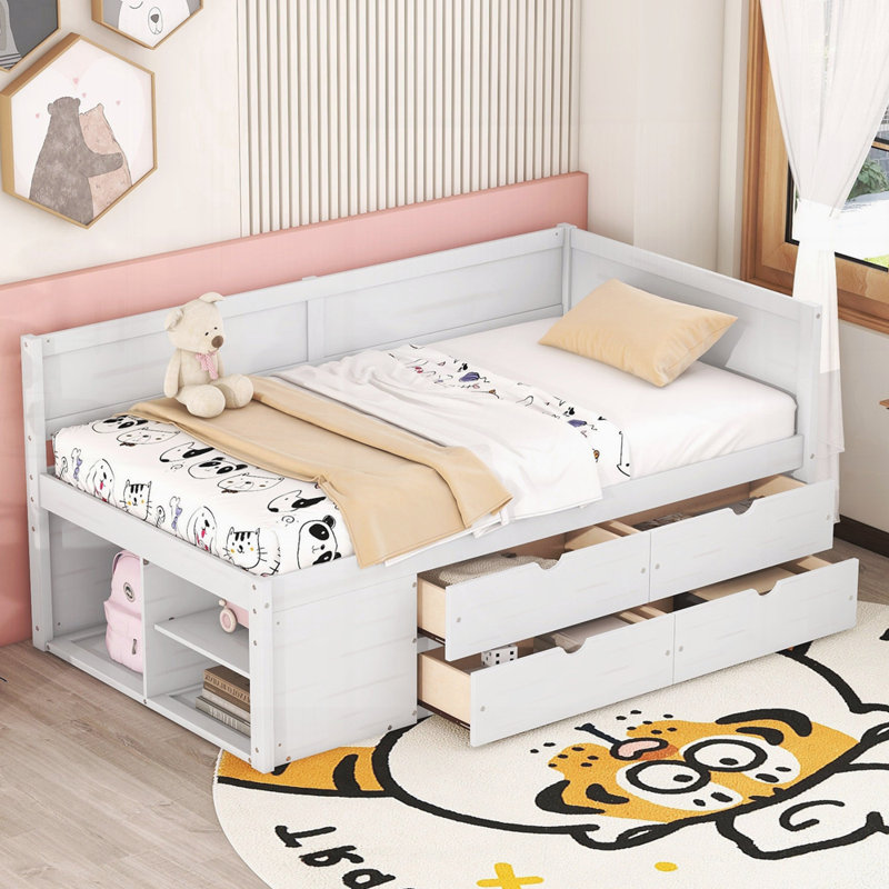 Modern Daybed with Drawers and Shelves, Twin, White