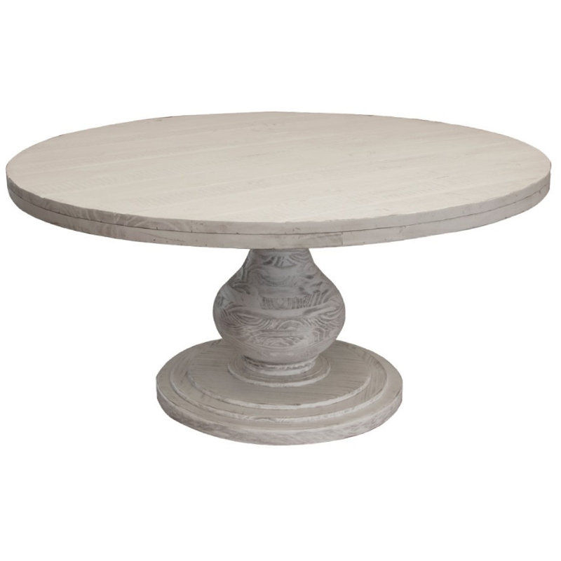 Ian Dining Table, Solid Pine Wood, Pedestal Base, Round 63 Inch, Ivory