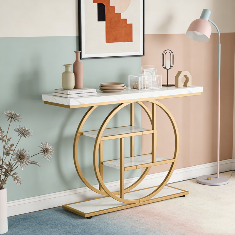 Industrial 4-Tier Sofa Entryway Table with Circle Base, Blanc et or
