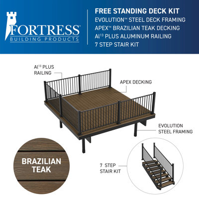 FORTRESS Apex Attached 12 ft. x 12 ft. Brazilian Teak PVC Deck Kit and 7-Step Stair Kit with Steel Framing and Aluminum Railing