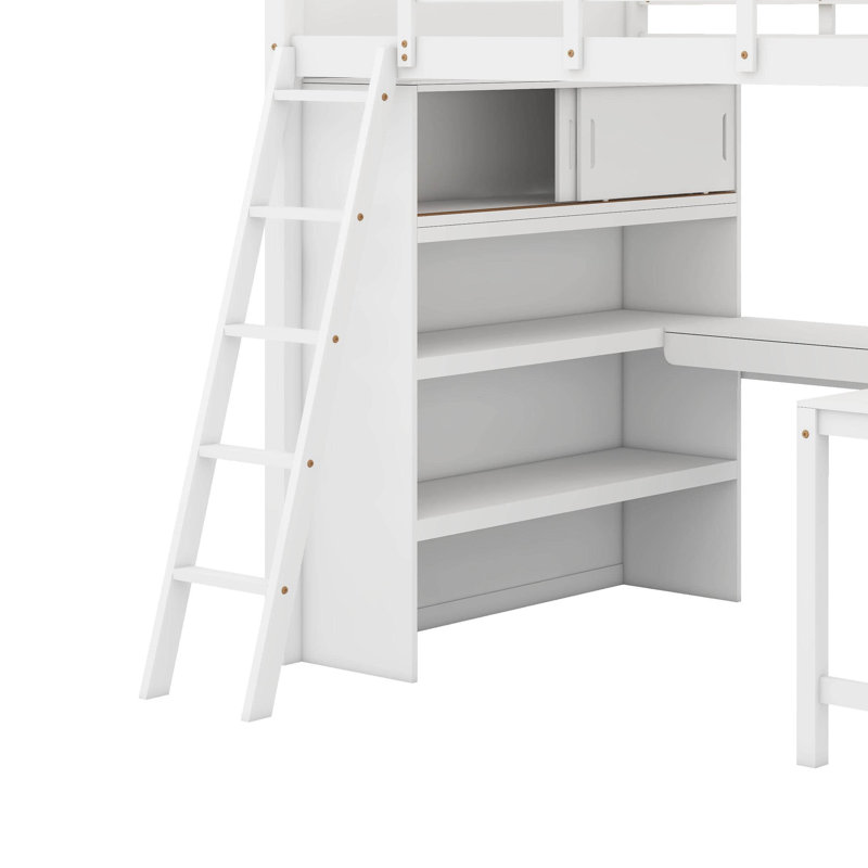 Lit mezzanine double avec bureau et tablette, Blanc