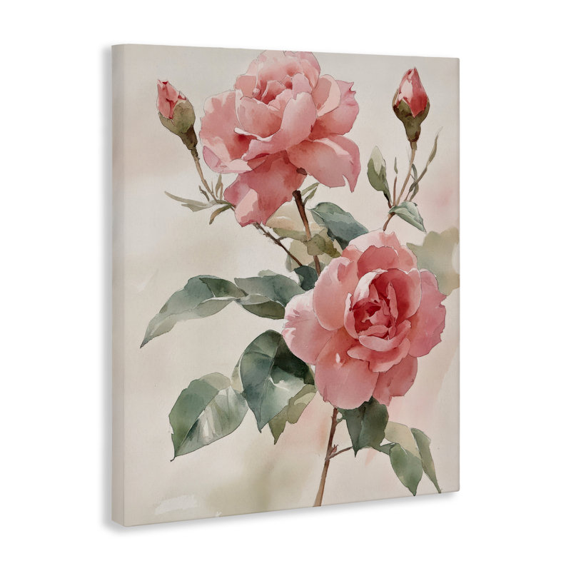 «Pink Watercolor Roses and Buds Canvas», conception par Petal Prints Design, H 20 po x l 16 po