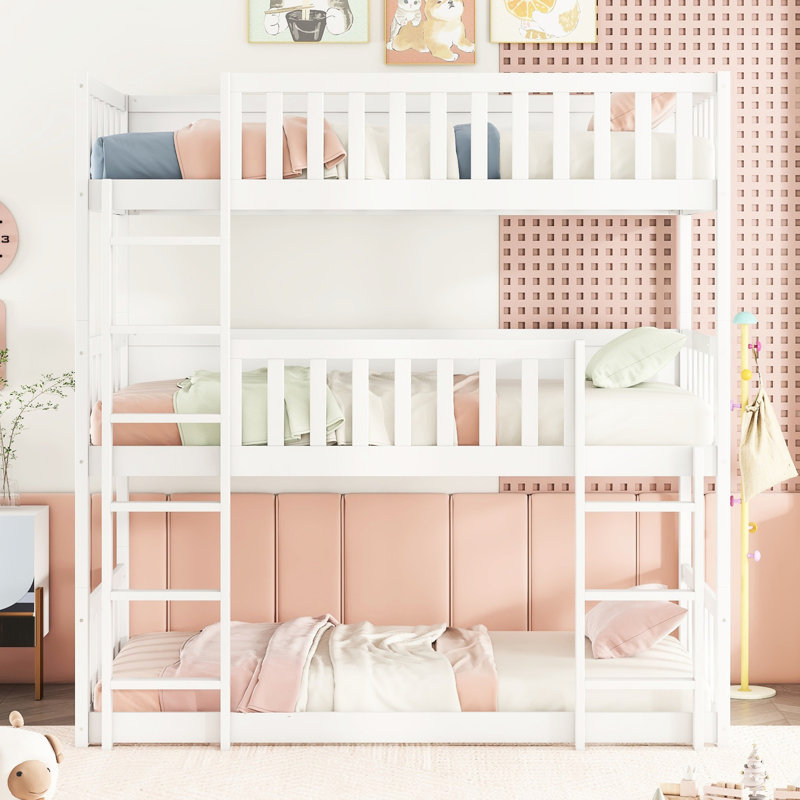 Twin Over Bunk Bed In White - Detachable Rubber Wood Design With Stable Ladders And Guardrails For Bedroom Structure Safe